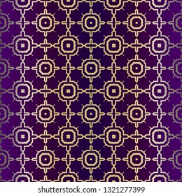 Geometric Pattern, Lace Geometric Ornament. Ethnic Beautiful Ornament. Vector Illustration. For Greeting Cards, Invitations, Cover Book, Fabric, Scrapbooks. Purple gold color.