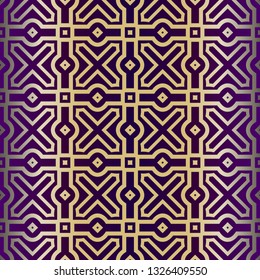 Geometric Pattern, Lace Geometric Ornament. Ethnic Beautiful Ornament. Vector Illustration. For Greeting Cards, Invitations, Cover Book, Fabric, Scrapbooks. Purple gold color.