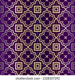 Geometric Pattern, Lace Geometric Ornament. Ethnic Beautiful Ornament. Vector Illustration. For Greeting Cards, Invitations, Cover Book, Fabric, Scrapbooks. Purple gold color.