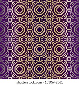 Geometric Pattern, Lace Geometric Ornament. Ethnic Beautiful Ornament. Vector Illustration. For Greeting Cards, Invitations, Cover Book, Fabric, Scrapbooks. Purple gold color.