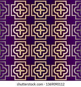 Geometric Pattern, Lace Geometric Ornament. Ethnic Beautiful Ornament. Vector Illustration. For Greeting Cards, Invitations, Cover Book, Fabric, Scrapbooks. Purple gold color.