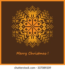 Geometric pattern lacy snowflake (embroidery on a brown background). Postcard Merry Christmas