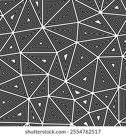 Geometric pattern. Large triangle size. Multiple repeated inner triangles. Black and white style. Repeatable pattern. Awesome vector tiles. Seamless vector illustration.