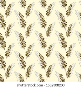 Geometric pattern with leaves and inflorescences on a light background. Seamless vector background. Ornament. For fabric, packaging, textile. Template for web sites. Vector illustration.
