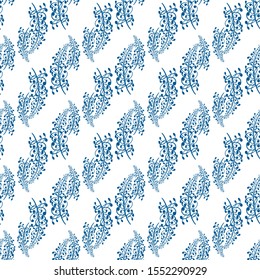 Geometric pattern with leaves on a white background. Seamless vector background. Blue contours ornament. Berries For fabric, packaging, textile. Template for web sites. Vector illustration.