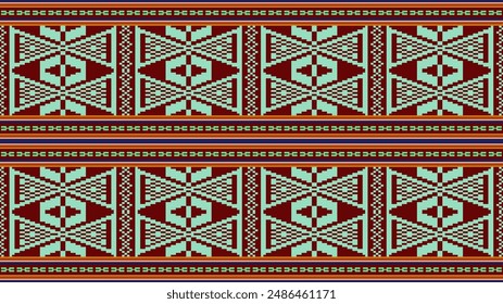 Patrón geométrico Verde claro sobre fondo rojo oscuro. Patrones de folk tailandés, patrones de Mon Khit, para textiles, cortinas, ropa, sarongs.
