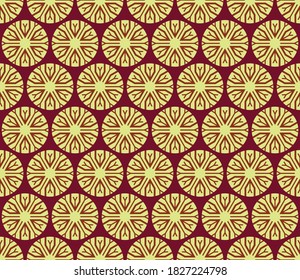 geometric pattern:
light yellow circles with brown ornaments 
on a burgundy background