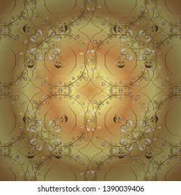 Geometric pattern. Linear pattern. Seamless ornament. In vintage style. Repeated doodles. Sketch, scribble, doodle on yellow, beige and brown colors. Vector. Royal style. Vector. Lace pattern.