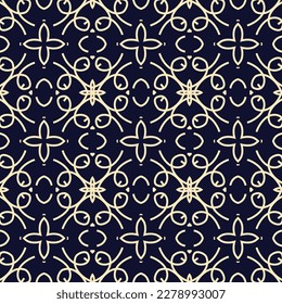 Patrón geométrico con líneas. Textura azul y dorada. Vector de ornamento sin foco con flor y hojas.