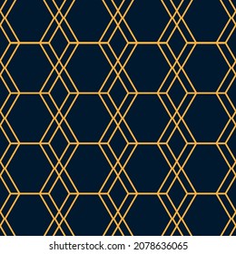 Geometric pattern with lines, Hexagonal graphic design, Gold texture on dark blue background, Vector background.