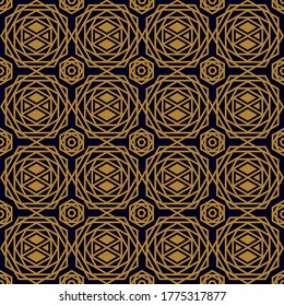 Geometrisches Muster mit Linien, Busen. Ein nahtloser Vektorhintergrund. Abstrakte Ornamente. Blauschwarz-goldene Textur