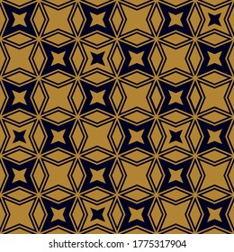 Geometric pattern with lines, rhombuses. A seamless vector background. Abstract ornament. Blue-black and gold texture