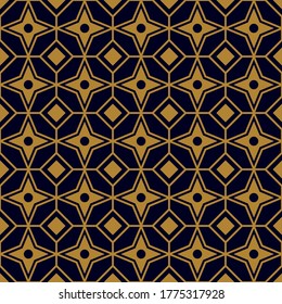 Geometric pattern with lines, rhombuses. A seamless vector background. Abstract ornament. Blue-black and gold texture