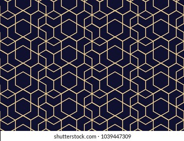 The geometric pattern with lines. Seamless vector background. Dark blue and gold texture. Graphic modern pattern. Simple lattice graphic design