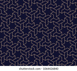 The geometric pattern with lines. Seamless vector background. Blue and gold texture. Graphic modern pattern. Simple lattice graphic design