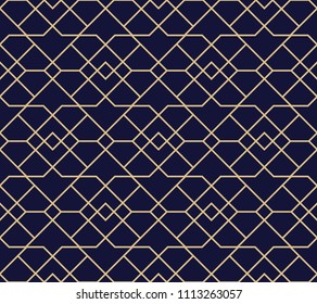 The geometric pattern with lines. Seamless vector background. Dark blue and gold texture. Graphic modern pattern. Simple lattice graphic design