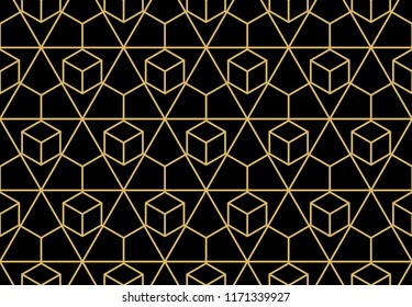 The geometric pattern with lines. Seamless vector background. Black and gold texture. Graphic modern pattern. Simple lattice graphic design