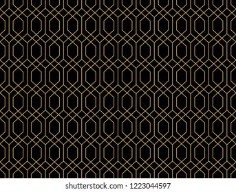 The geometric pattern with lines. Seamless vector background. Black and gold texture. Graphic modern pattern. Simple lattice graphic design