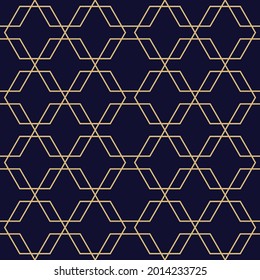 The geometric pattern with lines. Seamless vector background. Blue-black and gold texture. Graphic modern pattern. Simple lattice graphic design.