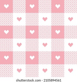 Patrón geométrico con corazones de amor para el Día de San Valentín. Ilustración transparente de gingham blanco rosa con textura de píxel sin brillo para papel de regalo, mantel, manta de picnic, otro diseño de tela de moda.