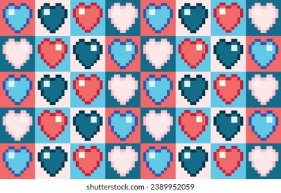 Geometric pattern with love hearts for Valentines Day. Seamless pixel textured pink white gingham check plaid illustration for gift paper, tablecloth, picnic blanket, other fashion fabric design.