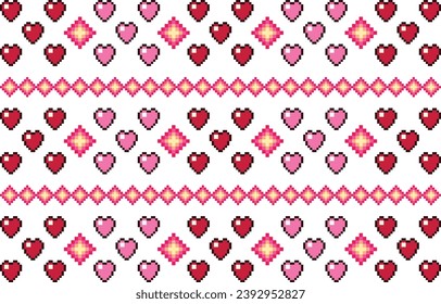 Geometric pattern with love hearts for Valentines Day. Seamless pixel textured pink white gingham check plaid illustration for gift paper, tablecloth, picnic blanket, other fashion fabric design.
