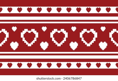 Geometric pattern with love hearts for Valentines Day. Seamless pixel textured pink white gingham check plaid illustration for gift paper, tablecloth, picnic blanket, other fashion fabric design.