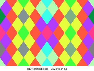 geometric pattern made up of colorful diamond and triangular shapes arranged in a grid. The colors are bright and bold, including  The diamonds are composed of smaller triangles that create a kaleidos