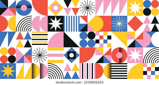 Geometric pattern made up of five colors and shapes- red, blue, pink, black, and white