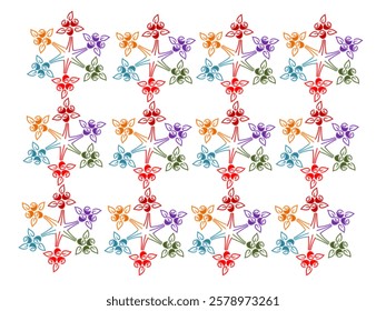 Geometric pattern made up of interconnected star-like shapes with floral motifs. Each "star" is formed by five colorful branches with petal-like clusters, creating a symmetrical and vibrant pattern. 