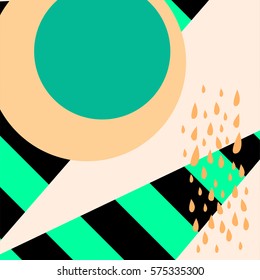 Geometric pattern in memphis 80s style with stripes background, drops, texture, lines, dots. Vector illustration