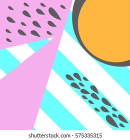 Geometric pattern in memphis 80s style with stripes background, drops, texture, lines, dots. Vector illustration