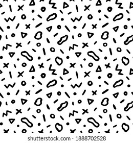 Geometric pattern memphis style background. Seamless abstract vector black pattern. Grunge straight brush stroke, triangles, circles, dots, fluid shapes, zigzag lines. Ink illustration in 80-90s style