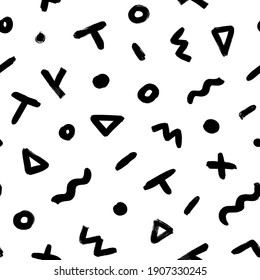 Geometric pattern memphis style background. Seamless abstract vector black pattern. Grunge straight brush stroke, triangles, circles, dots, fluid shapes, zigzag lines. Ink illustration in 80-90s style