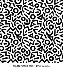 Geometric Pattern Memphis Style Background. Seamless Abstract Vector Black And White Pattern. Grunge Straight Brush Stroke, Triangles, Circles, Zigzag Lines. Handdrawn Ink Illustration In 80-90s Style