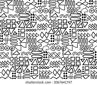 Geometric pattern Memphis style background. Seamless abstract vector black and white pattern. Grunge straight brush stroke, triangles, circles, zigzag lines. Han drawn ink illustration in 80-90s style