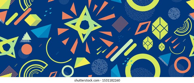 Geometric pattern. Modern Memphis seamless ornament in trendy blue, red, green colors. Abstract background with various colorful geometric shapes. Vector illustration.