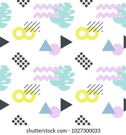 Geometric pattern with monstera palm leaves. Vector seamless pattern in pastel colours. Summer time background.