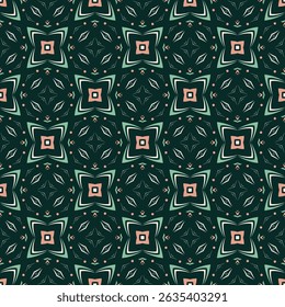 Geometric Pattern - Mosaic Petal Square Flower (Dark Green, Soft Green, Peach, Cream) - Repeating Vector Image; Easily Editable; Endless Design; Colorful lIlustration. Print for Gift Paper, etc.