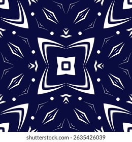 Geometric Pattern - Mosaic Petal Square Flower (Navy Blue, White) - Repeating Vector Image; Easily Editable; Endless Design; Colorful lIlustration. Print for Gift Paper, Packaging, etc.