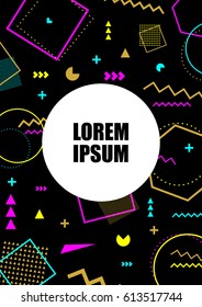 Geometric pattern with mosaic shapes in memphis 80-90s style with black background. Vector illustration.
