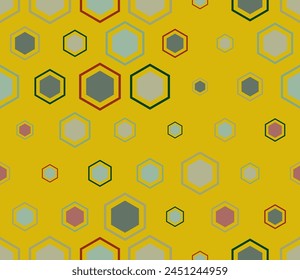 Geometric pattern. Multicolored geometric elements of varied size. Hexagon mosaic background with inner solid cells. Large honeycomb cells. Tileable pattern. Seamless vector illustration.