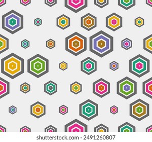 Geometric pattern. Multicolored geometric elements of varied size. Plain hexagon frames. Large hexagon shapes. Tileable pattern. Seamless vector illustration.