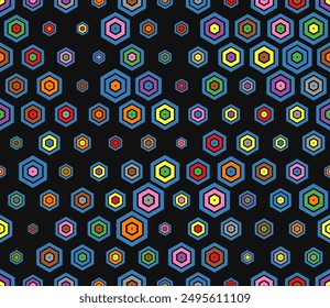 Geometric pattern. Multicolored geometric elements of varied size. Plain hexagon frames. Hexagonal shapes. Tileable pattern. Seamless vector illustration.