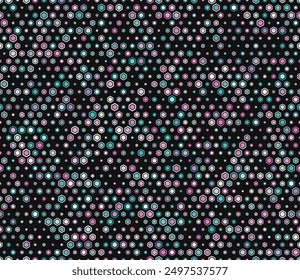 Geometric pattern. Multicolored geometric elements of varied size. Bold rounded hexagon cells with padding and inner solid cells. Regular hexagon shapes. Tileable pattern.