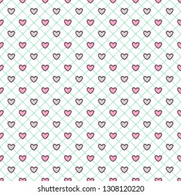 Geometric pattern of multi-colored hearts on the grid. Delicate colors, crisp retro shapes.