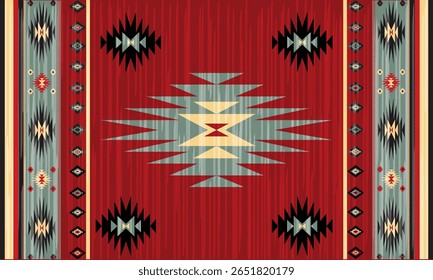 Geometric pattern, multi-colored on a red background, antique style, retro.