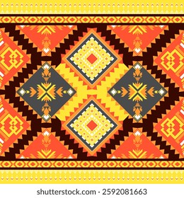 Geometric pattern, Native American tribal, zigzag pattern, yellow, brown, orange, traditional ethnic fabric design, used for textiles, printed materials such as carpets, tiles, rugs, vector.
