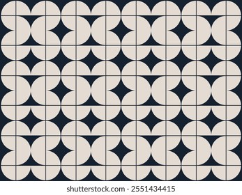 Geometric pattern in navy blue and cream inspired by the Midcentury modern design style. Graphical illustration for a unique wall decor, textiles and interior design.