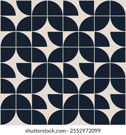 Geometric pattern in navy blue and cream color inspired by the Midcentury modern design style. Graphical illustration for a unique wall decor, textiles and interior design.